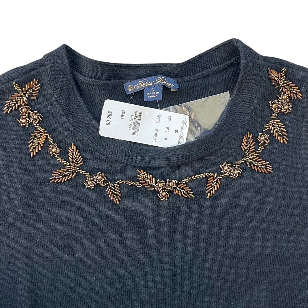 NWT Brooks Brothers Black Beaded Knit Sweater Crewneck Women Sz S Short‎ Sleeves